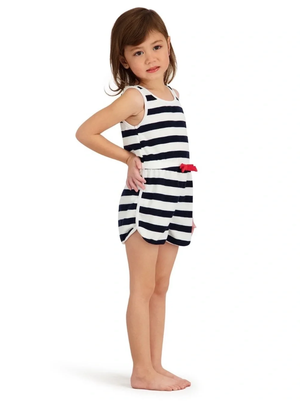 Sperry Girls Terry Cloth Nautical Striped Romper Red Bow Size 6/7